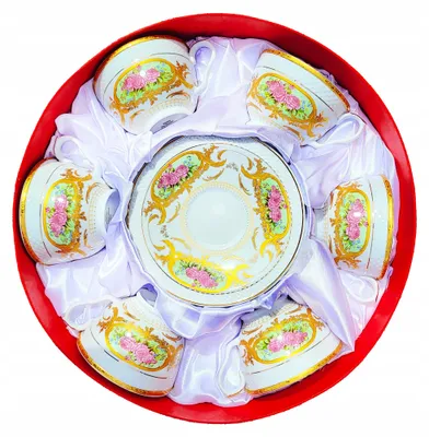 Imagen del producto de Porcelana fina de café 6 piezas Platillo de borde dorado Flor de borde dorado 260ml Prez