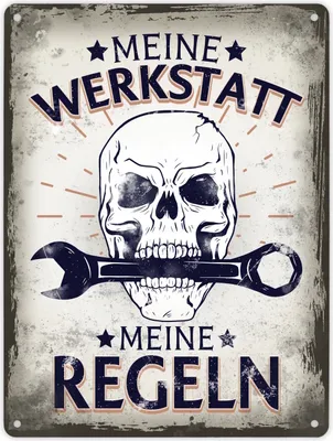 Produktbild von Meine Werkstatt meine Regeln mit Totenkopf Metallschild XL in 21x28 cm