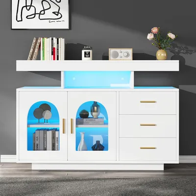 Produktbild von MODFU Kommode Sideboard mit LED-Beleuchtung, Buffetschrank Kaffeebarschrank für Wohnzimmer, Schlafzimmer, Küchenschrank mit 16-Farben-Lichtern,Weiß