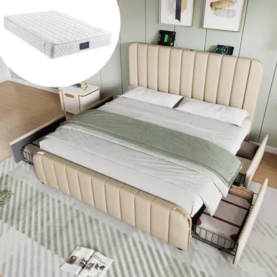 Image de MODFU Lit double 160x200 - Lit rembourré avec fonction USB Type-C et 4 tiroirs - Lin - Matelas Inclus - Beige
