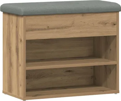A shoe bench with storage shelves and a padded seat.