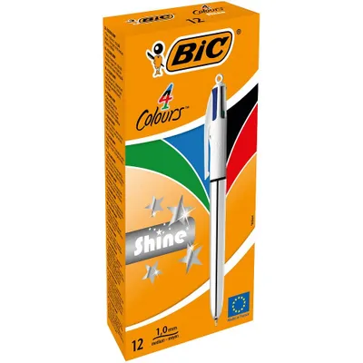 Image de Stylo à bille multicolore BIC® Shine Silver, largeur de trait 0,4 mm, corps couleur argent/blanc, encres noir, bleu, rouge, vert