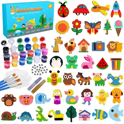Image de Kit de loisirs créatifs pour enfants, 40 pièces : aimants pour réfrigérateur à décorer, en bois, avec peintures et pinceaux, à partir de 3 ans