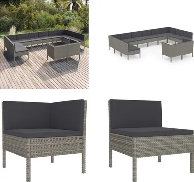Produktbild von vidaXL 12 tlg. Garten Lounge Set mit Auflagen Poly Rattan Grau - Garten-Sofagarnitur - Garten-Sofagarnituren - Gartensofa-Set - Gartensofa-Sets