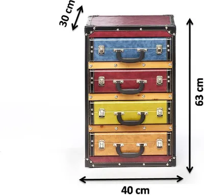 A chest of drawers designed to look like vintage suitcases, with dimensions indicated.