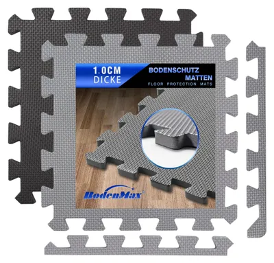 Obrázek produktu pro BodenMax ochranné podložky s okraji 30x30cm, 1cm na podlahu Fitness podložky Fitness podložky na ochranu podlahy - sport, fitness, sklep, 10mm, šedá, 18 kusů