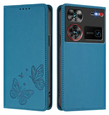 Produktbild von Lederhülle für ZTE Nubia Z60 Ultra, Schmetterling Prägung Leder Brieftasche Schutzhülle mit Ständer Blau