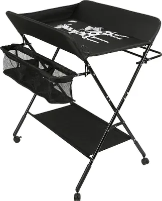 Produktbild von Baby Wickeltisch Mobile Klappbar Wickelkommode mit Aufbewahrungskorb Abschliessbaren Rädern Höhenverstellbarer Schwarz