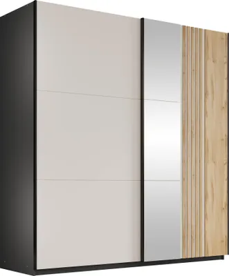 Produktbild von MIRJAN24 Kleiderschrank Evora 203 mit zwei Schiebetüren zwei Kleiderstangen, Frontspiegel (Farbe: Schwarz / Cashmere + Wotan Eiche)