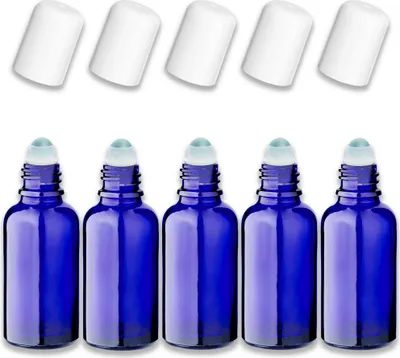 Produktbild von 5x Blaue Glasflasche 30 ml Roll-On mit weißem Schraubverschluss 18 mm