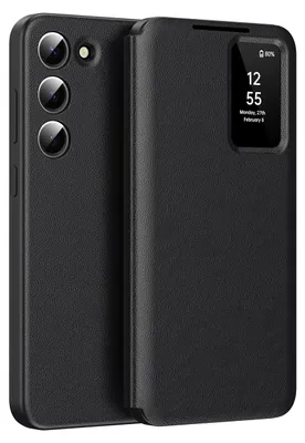 A black flip case for a Samsung Galaxy S23 phone is shown, with the case closed and a small window displaying the time and date.