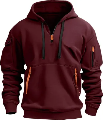 Produktbild von ASKSA Herren Hoodie Basic Jogging Sport Hoodie Kordelzug Mit Taschen Slim Fit Reissverschluss Gym Pullover,A Weinrot,XL