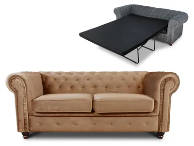 Produktbild von Schlafsofa Chesterfield Asti Bis 2-Sitzer, Sofa mit Schlaffunktion, Couch 2-er, Couchgarnitur, Sofagarnitur, Holzfüße - Glamour Design, Velours (Beige (Velvet 28))