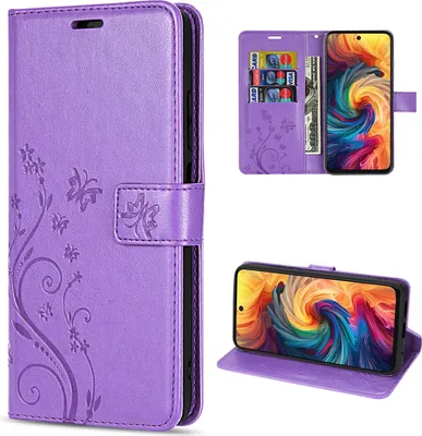 A collage of images showing a purple flip phone case with a floral and butterfly design, including views of the case open with cards and cash, and the case closed.