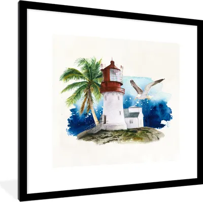 Produktbild von MuchoWow® MuchoWow® Gerahmtes Poster Leuchtturm - Vogel - Aquarell 40x40 cm - Poster mit zchwarzem Bilderrahmen - Poster - Plakat im Rahmen