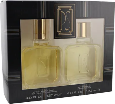 Zweiteiliges PS Parfum-Set mit 2 Flaschen à 120 ml in rechteckiger Box mit stilisiertem Muster und gold-schwarzem Logo auf der Front.