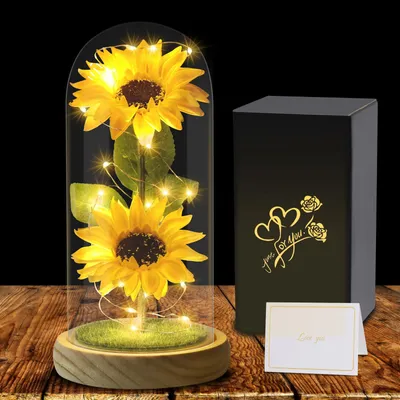 Künstliche Sonnenblume in Glaskuppel mit LED, Geschenk für Frauen