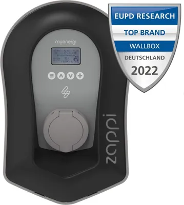 A wallbox charger for electric vehicles, with a certification badge.