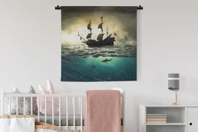 Produktbild von MuchoWow® Wandteppich Wandbehang Meer - Boot - Hai 90x90 cm Tapisserie Dekoration Wandtuch - Wandaufhänger