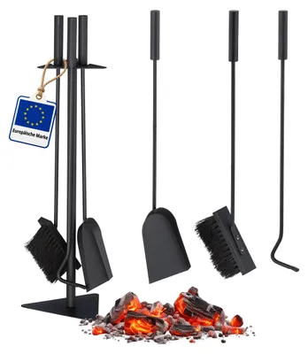 Produktbild von Relaxdays Kaminbesteck, 4-teilige Kamingarnitur mit Schaufel, Besen, Schürhaken & Halter, Ofenbesteck modern, schwarz