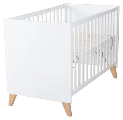 Produktbild von roba 2 in 1 Baby- & Beistellbett Leon 60 x 120 cm - 6-fach Höhenverstellbar - 5 Schlupfsprossen für Beistellfunktion - Weiß / Nachbildung Othello Eiche