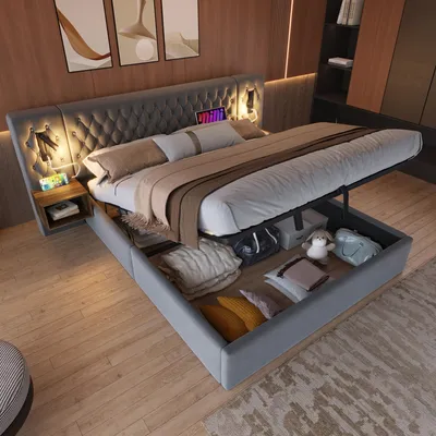 Image de okwish Lit boxspring 180x200 avec port USB, liseuse intégrée, lit coffre double avec 2 tables de chevet et 4 tiroirs (sans matelas), gris