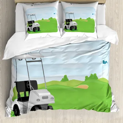 Produktbild von ABAKUHAUS Golfplatz-Szene Bettbezug Set für Einzelbetten, Car and Field, Milbensicher Allergiker geeignet mit Kissenbezug, 155 cm x 220 cm - 80 x 80 cm, Lindgrün Blau