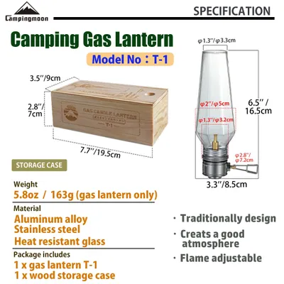 Immagine prodotto di Lanterna da campeggio a gas modello T-1, con custodia in legno, portatile, ideale per interni ed esterni