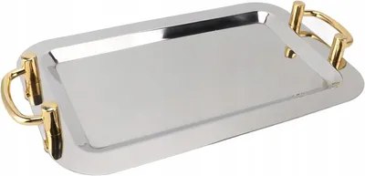 Produktbild von Edelstahl Serviertablett mit goldenen Griffen – Modernes Design