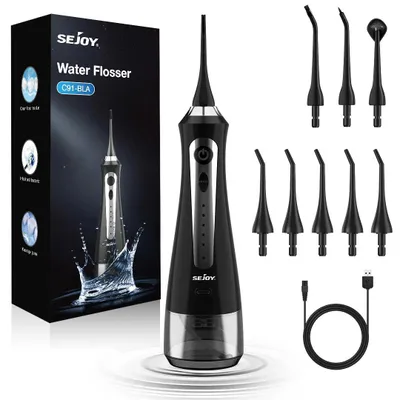 Obrázek produktu pro Přenosná ústní sprcha – elektrický irigátor – dobíjecí – nádržka 230 ml – 5 režimů – 5 trysek – černá