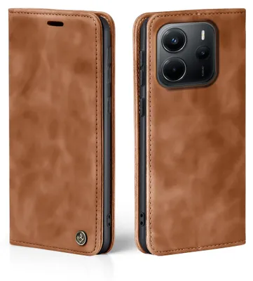A brown leather flip case for a smartphone is shown from two angles, open and closed.