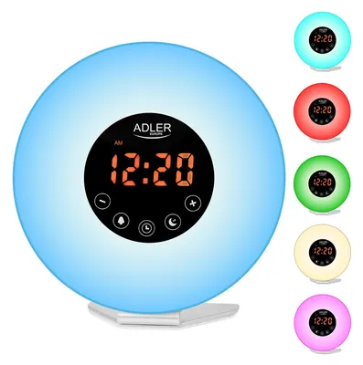 A large, round alarm clock with a digital display is shown in the center, illuminated with blue light. To the right, smaller versions of the same alarm clock are displayed in various colors (cyan, red, green, yellow, pink), each showing the same time.