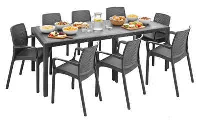 Produktbild von Outdoor Lounge Set Arret, Outdoor Lounge Set, Ausziehbarer rechteckiger Tisch mit 8 Stühlen mit Armlehnen, Italy, Anthrazit