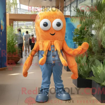 Produktbild von Orange REDBROKOLY Squid Maskottchen Kostüm Charakter gekleidet mit einem Jeanshemd und Fußkettchen