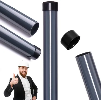 Produktbild von Zaunpfosten - Rund - 48 mm - 2 m - 8 Stück, Stahl Pulverbeschichtet 1,5 mm, Grafit RAL 7016, Mit Kunststoffkappe, Für Maschendrahtzaun