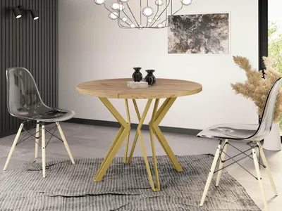 Produktbild von Runder Tisch für das Esszimmer - 100 oder 120 cm Durchmesser - Ausziehbarer Tisch mit Pulverbeschichteten Goldenen Metallbeinen - Industriestil - 100 cm - Craft Eiche