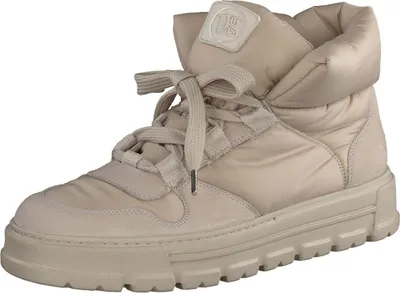 A single beige winter boot is shown against a white background.