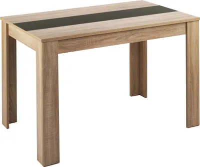 A dining table with a light wood finish and a black accent strip on top, presented on a white background.