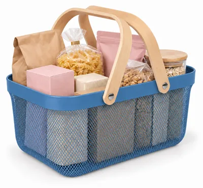 Productafbeelding van Relaxdays Draadmand met handvat, vierkant, metalen opbergmand, hout, mand voor keukengerei, badkamer, woonkamer, donkerblauw, AI-gegenereerde afbeelding