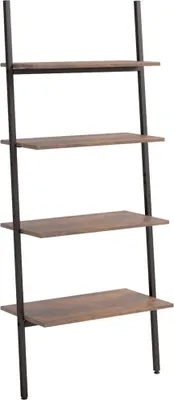 A ladder shelf with four wooden shelves and a black metal frame against a white background.