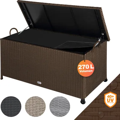 Zdjęcie produktu dla CASARIA® Skrzynia ogrodowa na kółkach 270L przestrzeni magazynowej Odporna na promieniowanie UV Uchwyty gazowe Sprężyna dociskowa Odporna na warunki atmosferyczne 117x53cm Skrzynia ogrodowa balkonowa Brązowa