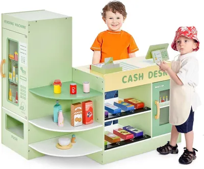 Produktbild von GOPLUS Kinder Kaufladen, Supermarkt aus Holz, Kaufmannsladen mit mit Kasse, POS-Automat & Verkaufsautomat, Einkaufsladen Rollenspiele (Grün)