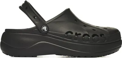 A studio shot of a black Crocs Baya Platform Clog.
