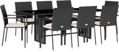 Produktbild von 9-tlg. Garten-Essgruppe mit Kissen Schwarz Poly Rattan