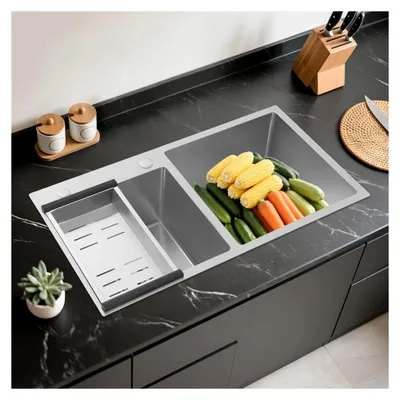 Produktbild von Edelstahl-Küchenspüle 80 cm mit Doppelbecken und Abtropffläche