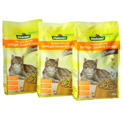 Produktbild von Dehner Katzenfutter Knusper-Mix, Trockenfutter, für ältere Katzen, Geflügel / Gerste / Gemüse, 3 x 2 kg (6 kg)
