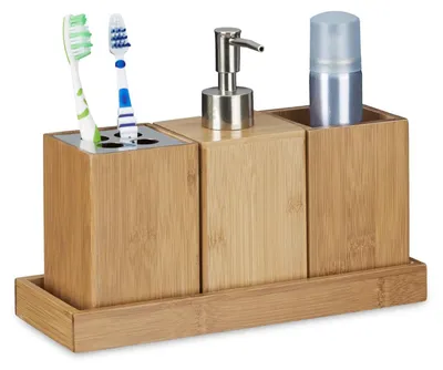 Image de Set accessoires salle de bain - 4 pièces - Bambou - Naturel