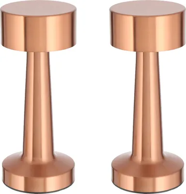 Two copper-colored table lamps are shown against a white background.