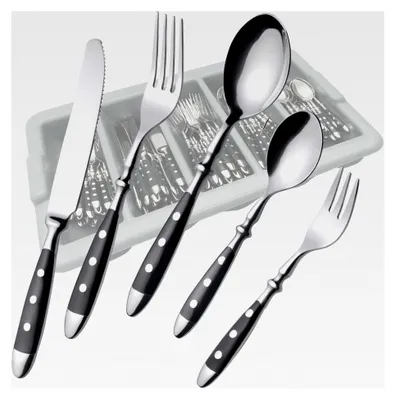 Produktbild von Besteckset für 18 Personen, 90-teilig, mit Besteckkasten - geschmiedetes Tafelbesteck mit schwarzen Griffen