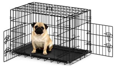 Produktbild von Hundekäfig, klappbar, mit 2 Türen, ausziehbare Kunststoffwanne und Griff, Hundetransportbox für Reisen, 76x46x51cm, M, Transportbox für Haustiere, Innen- und Außenbereich, Schwarz